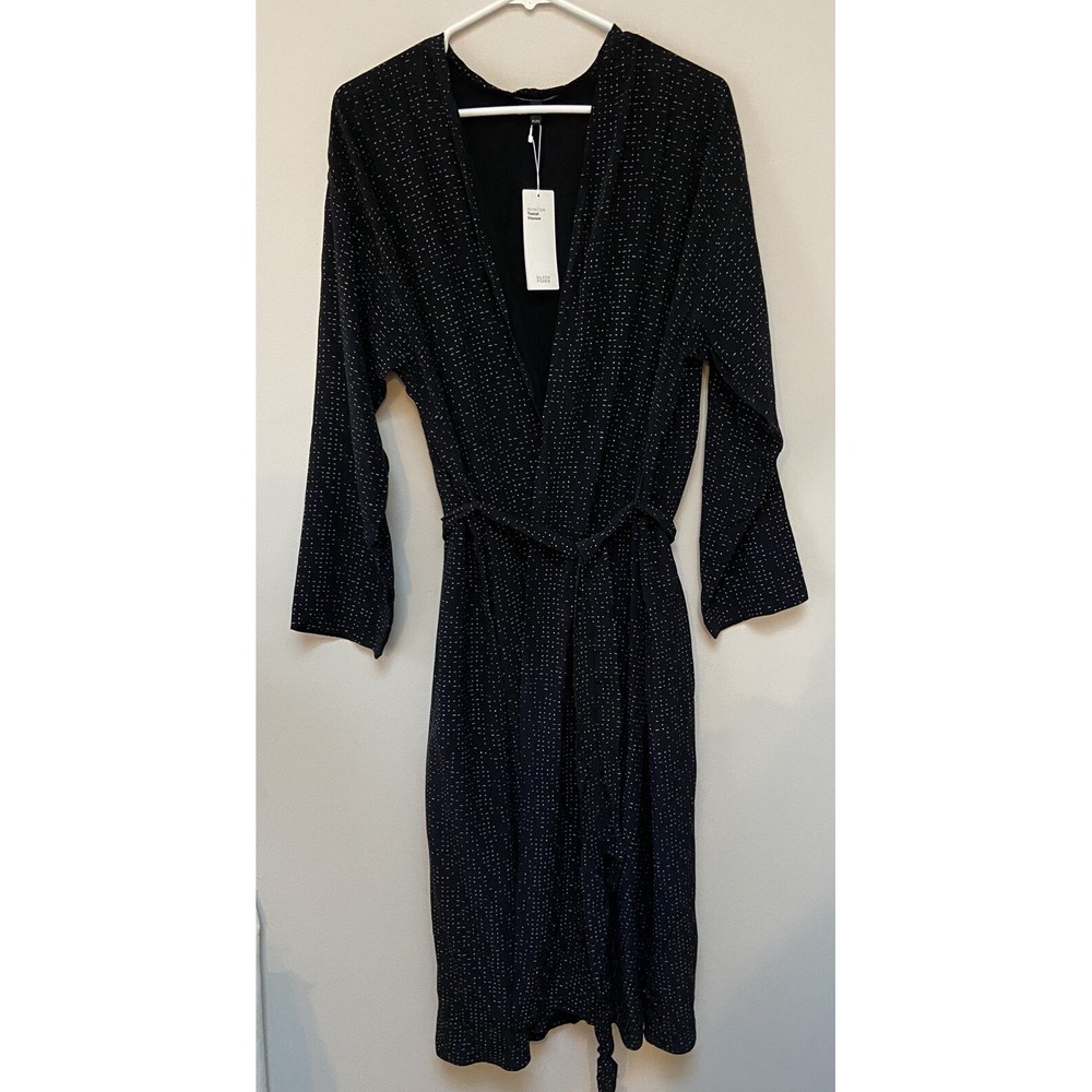 Eileen Fisher Morse Code Print Kimono Jacket Large Midi-Maxi Black White Belted